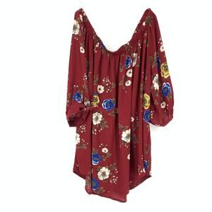 Bottle Top Women's Size 1XL Off Shoulder Blouse Floral Print Tie Sleeve Red